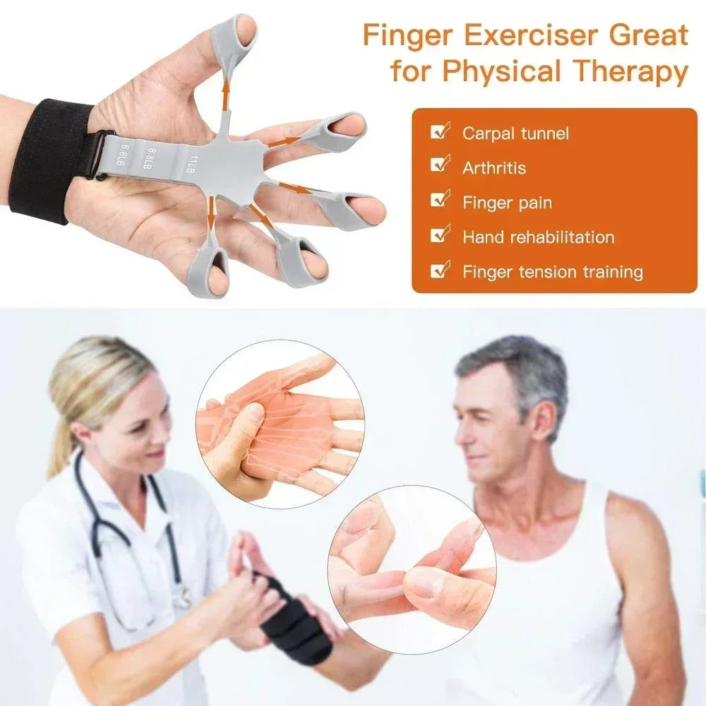 A hand holding a finger exerciser with a wrist strap, demonstrating its use for physical therapy.