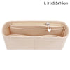 Light beige felt bag organizer with multiple zippered pockets and a hanging loop