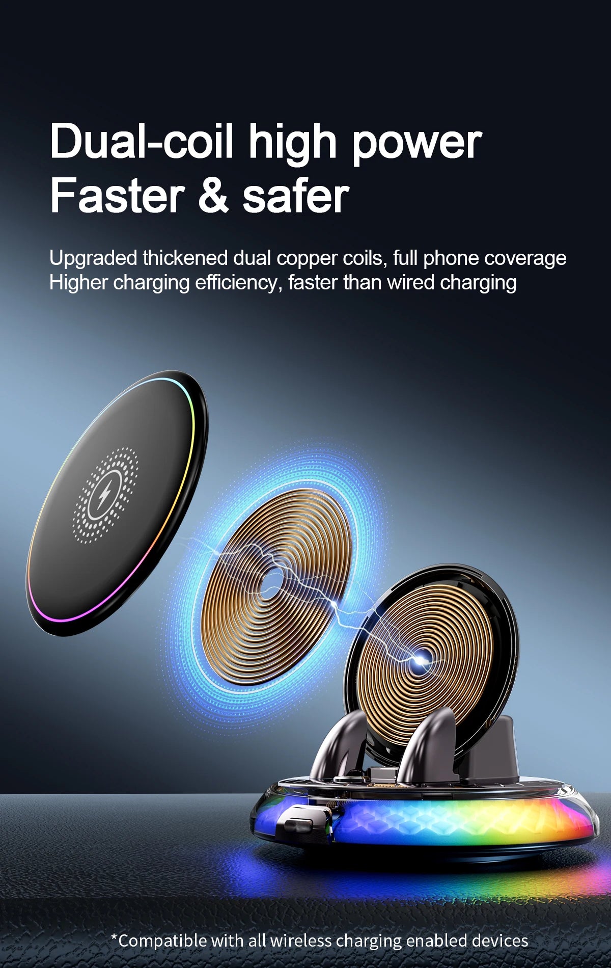 A dual-coil high power wireless charging device with an RGB ambient light and rotating coil shown on a black surface.