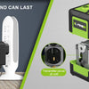 A self-leveling laser level device is shown with its battery and charging port, demonstrating its rechargeable features.
