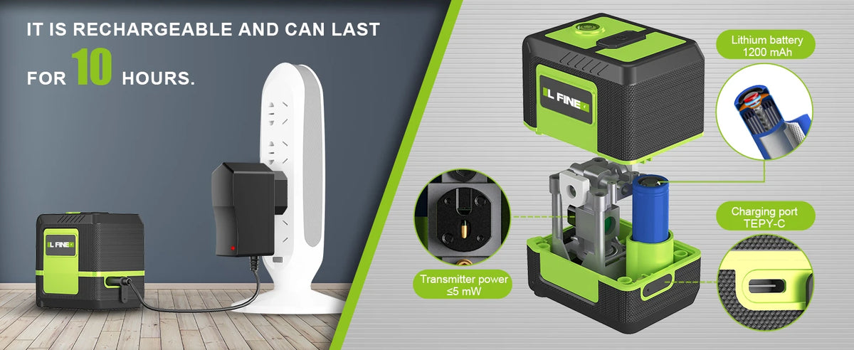 A self-leveling laser level device is shown with its battery and charging port, demonstrating its rechargeable features.