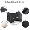 Black PU leather car headrest pillow and seatbelt shoulder pad set with real cowhide on both sides