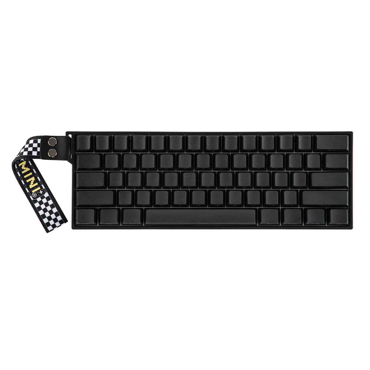 A black mini keyboard with a checkered magnetic strap is shown from the top view.