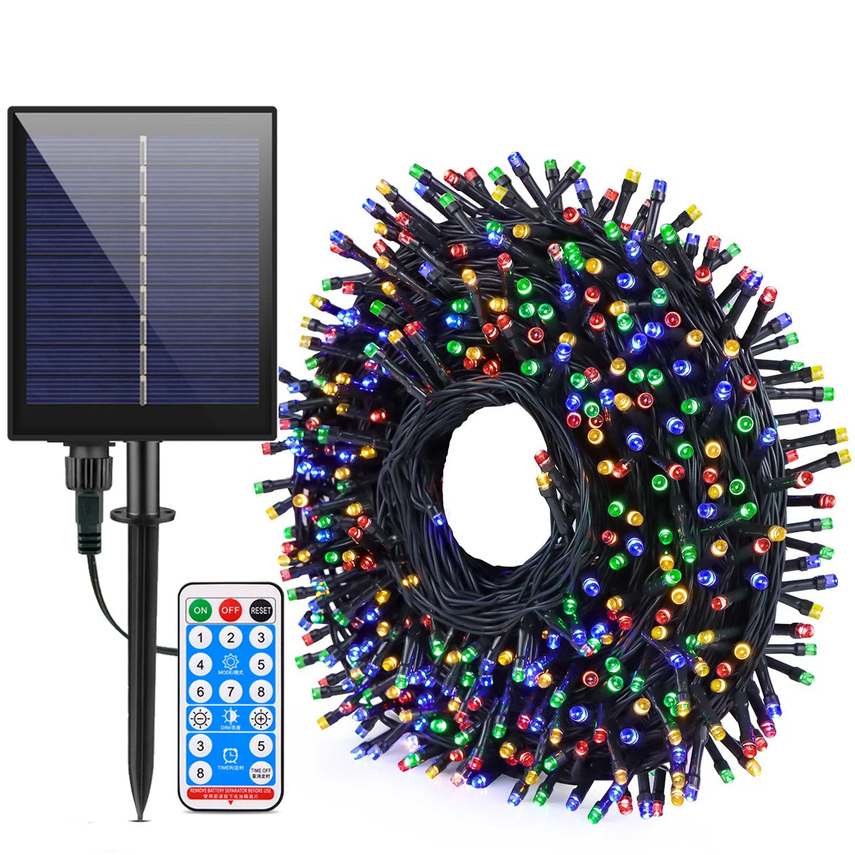 A solar powered LED string light set featuring a solar panel and a circular string of multicolored lights.