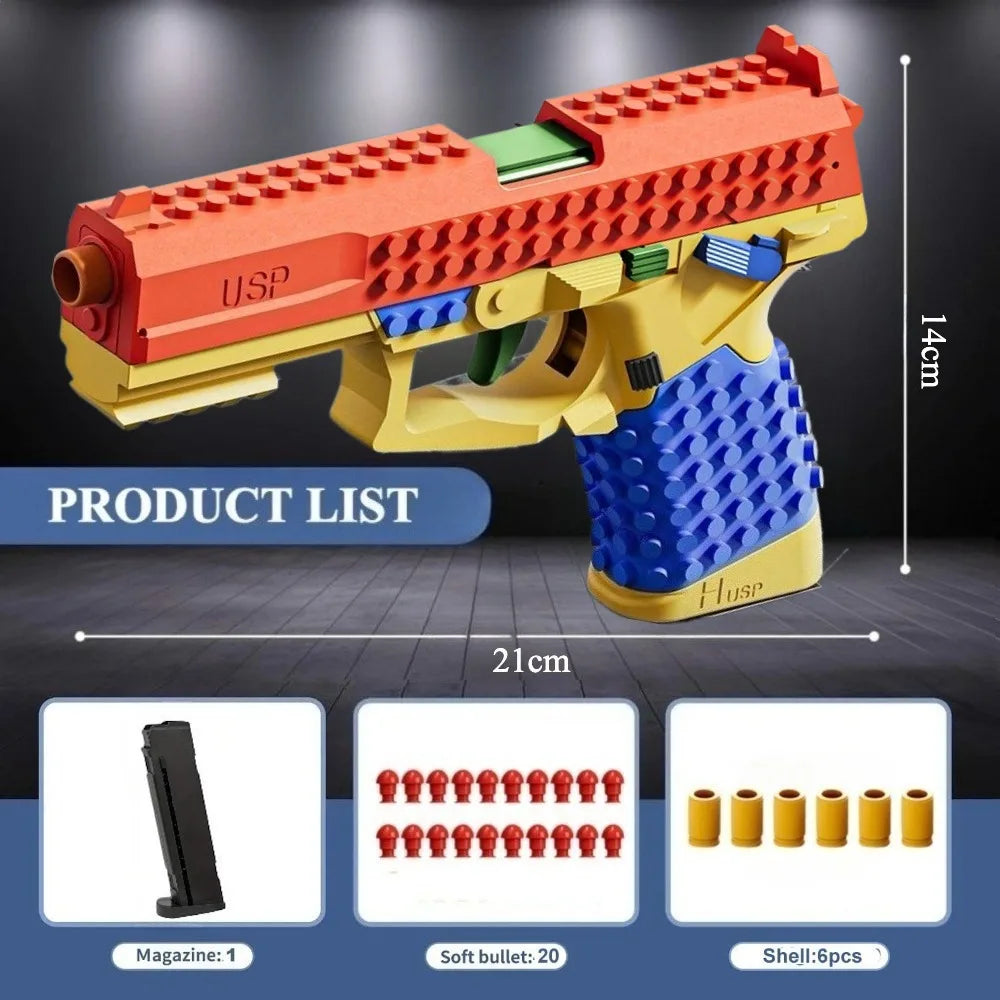 A yellow building block toy pistol with an orange barrel and blue grip, shown next to its components.