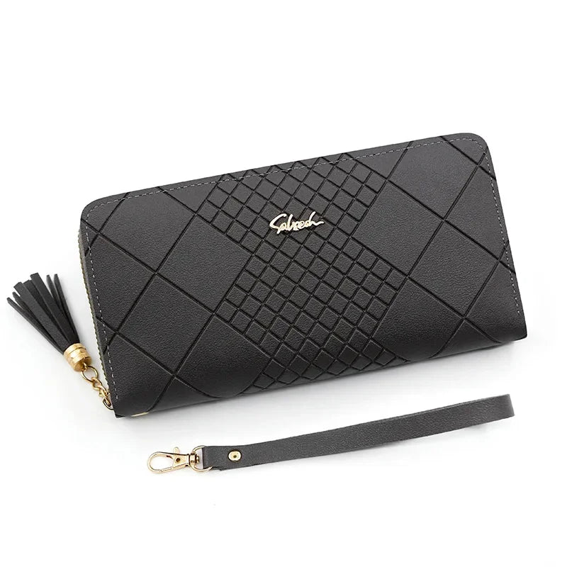 Black quilted PU leather wristlet clutch wallet with a gold chain strap