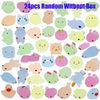 A collection of 24 random kawaii animal squishies in various pastel colors and shapes.