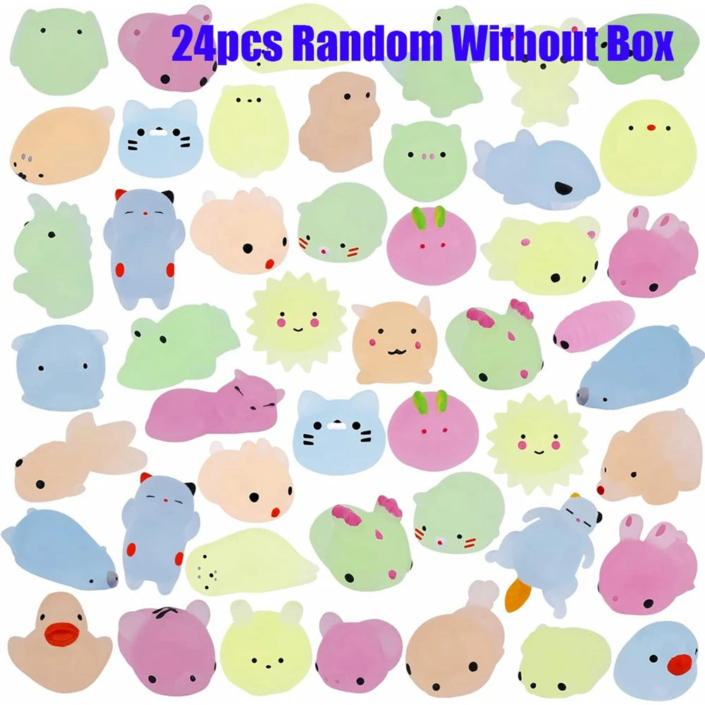 A collection of 24 random kawaii animal squishies in various pastel colors and shapes.