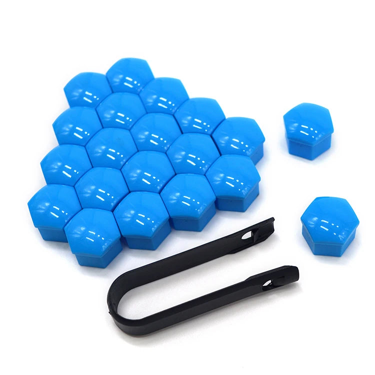 A set of 20 blue hexagonal car wheel nut cap covers with a black tool.