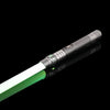 A black lightsaber with a green blade and metallic hilt is shown against a black background.