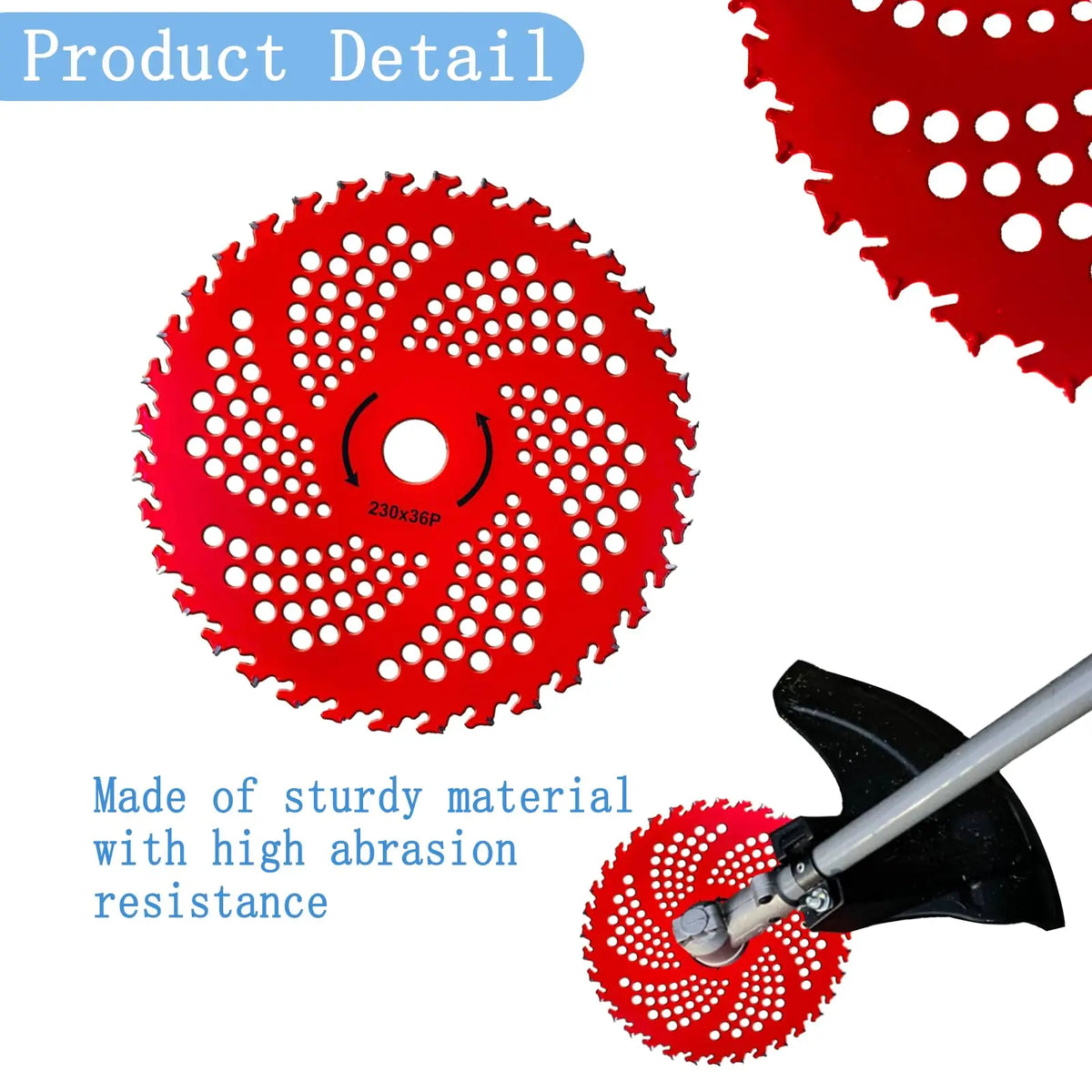 A red 36-tooth carbide tipped brush cutter blade with a central hole, shown next to a black handle.