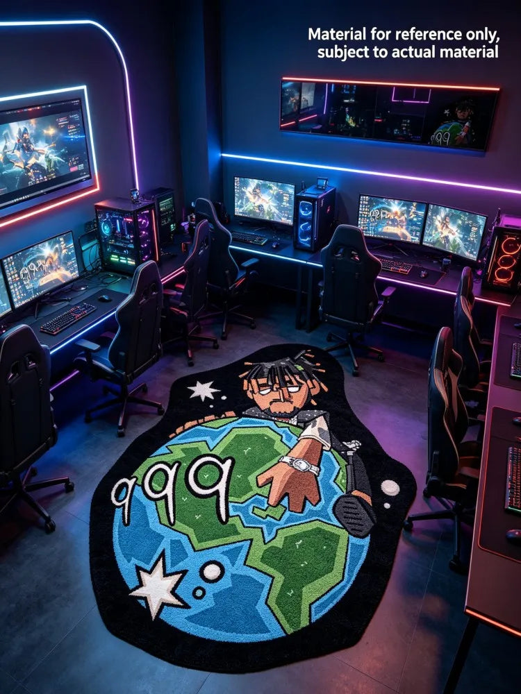 A cartoon area rug featuring Juice WRLD 999 for a gaming room setup with multiple monitors and lighting.