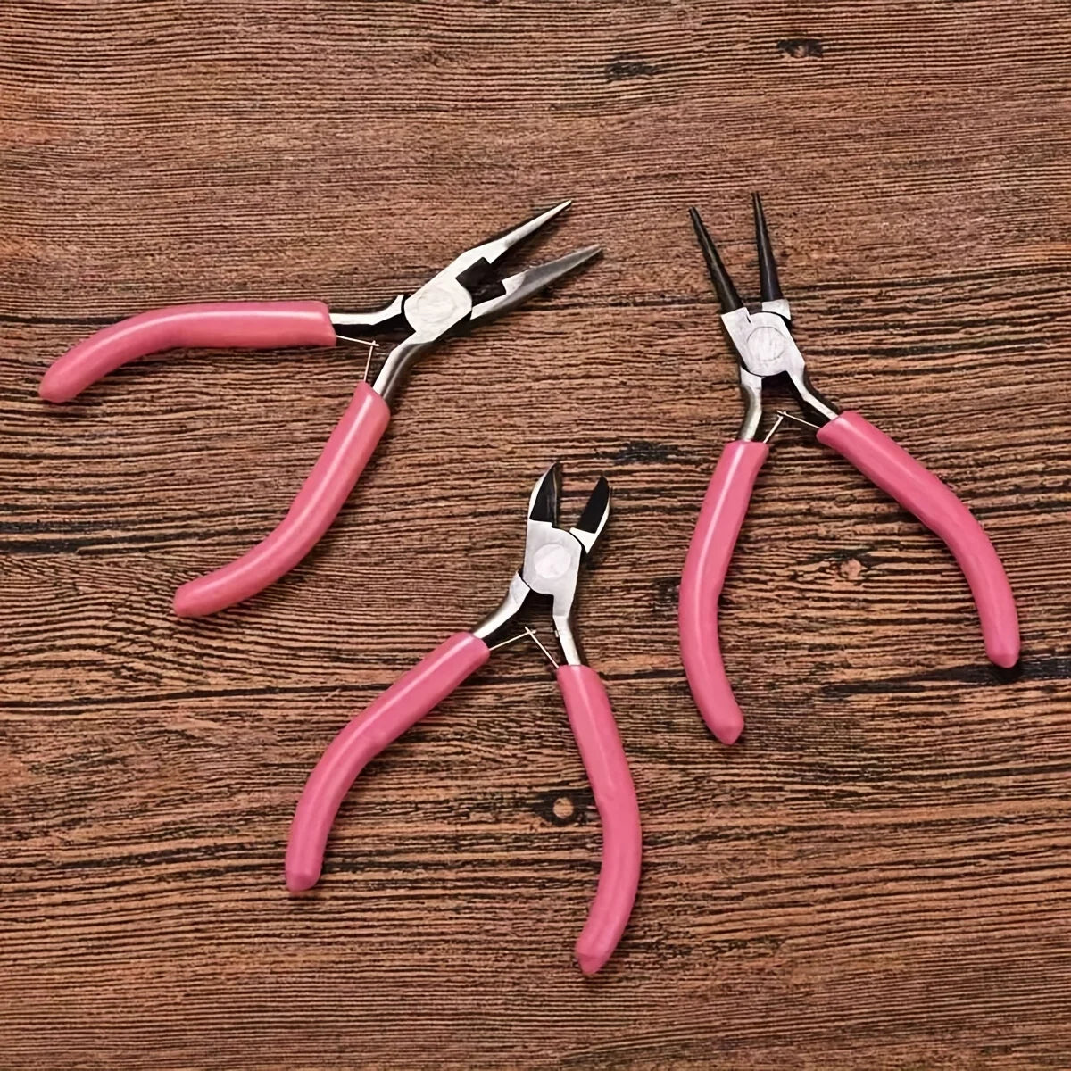 Pink Jewelry Pliers Tool Kit with Needle, Round Wire Cutter, and Curved Nose Pliers