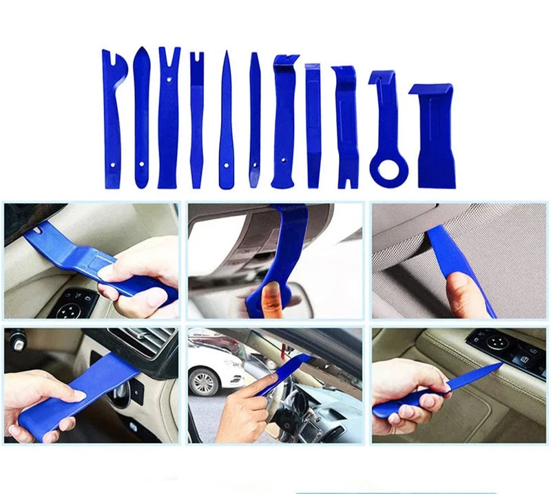 A set of 38 auto trim removal tools in various shapes and sizes, shown being used on a car interior.