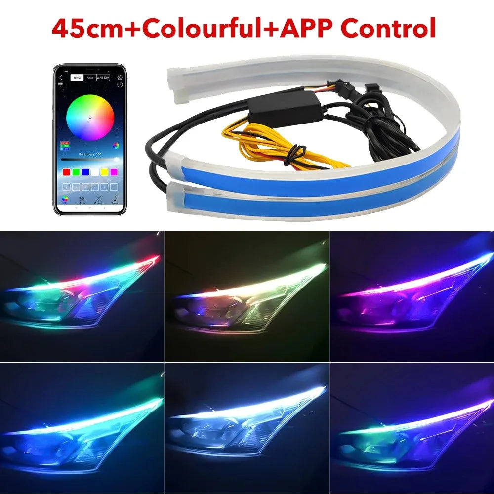 A set of 45cm colorful RGB LED daytime running lights with an accompanying controller and smartphone for app control.