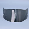 A black motorcycle helmet visor lens shield with a silver reflective insert.
