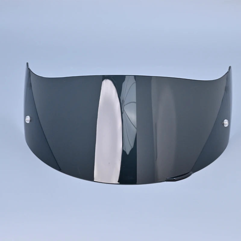 A black motorcycle helmet visor lens shield with a silver reflective insert.