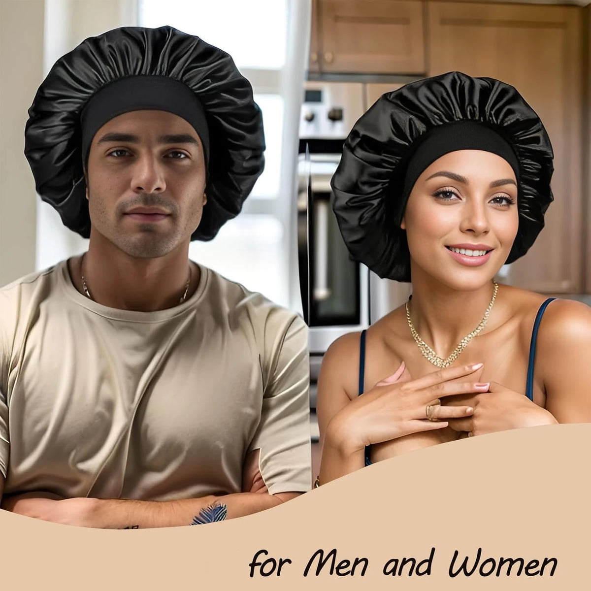 A man and a woman wearing black silk sleep caps for men and women.