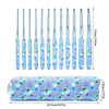A set of ten ergonomic crochet hooks with blue and yellow bee designs, ranging in size from 2.0mm to 10.0mm.