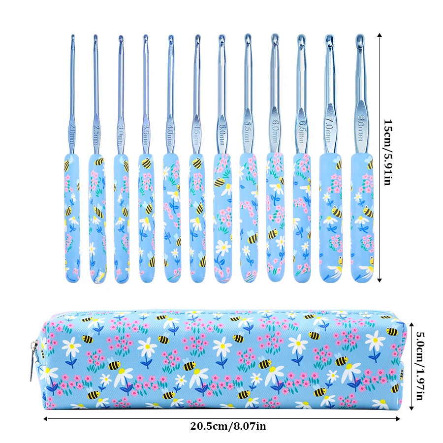 A set of ten ergonomic crochet hooks with blue and yellow bee designs, ranging in size from 2.0mm to 10.0mm.