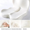 White ergonomic memory foam car seat cushion demonstrating compression, release, and restitution curves.