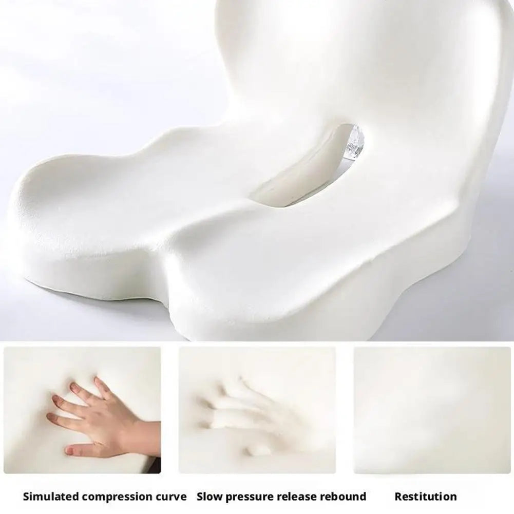 White ergonomic memory foam car seat cushion demonstrating compression, release, and restitution curves.