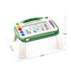 A green magnetic drawing board for kids featuring a grid and colorful shapes, shown with dimensions.