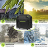 Black waterproof BBQ grill cover featuring hydrophobic coating, anti-UV inner coating, windproof fixing, and snow-resistant o