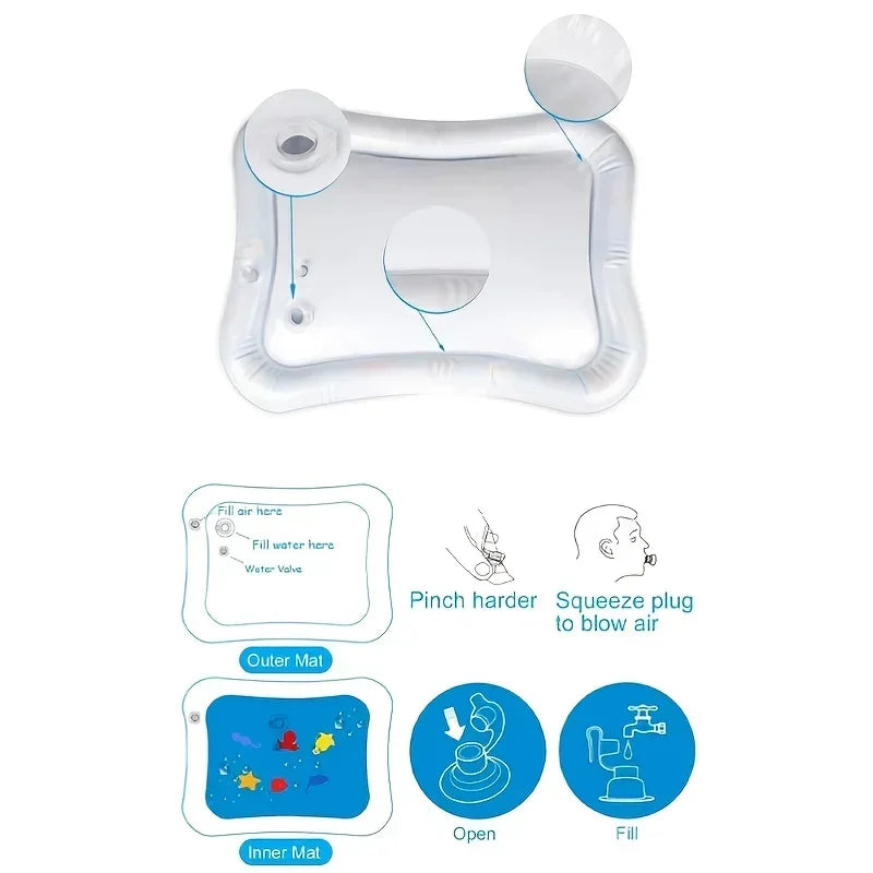 A clear inflatable water play mat designed for baby tummy time and sensory development.