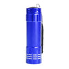 A blue rechargeable UV blacklight flashlight with a textured grip and a light-colored base.
