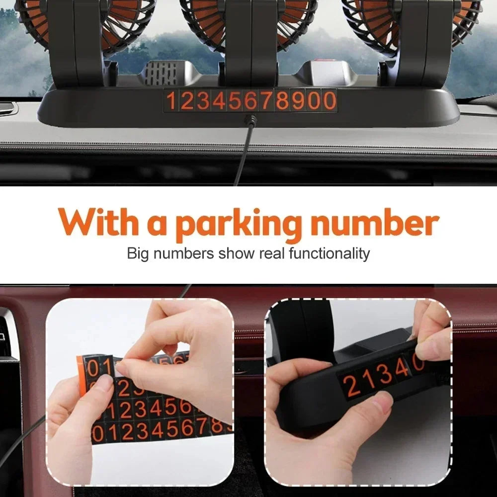 A close-up of a car cooling fan with a parking number display showing digits and an aromatherapy diffuser.