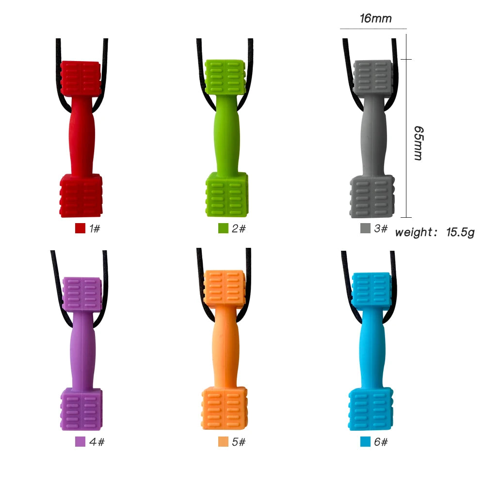 A set of six silicone sensory chew necklaces for kids in various colors and sizes, shown against a white background.