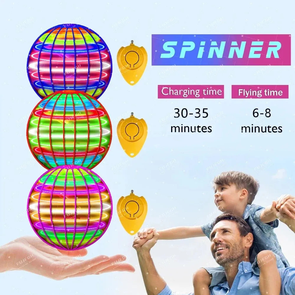 A colorful spinning magic flying ball with LED lights is shown next to a man and woman.
