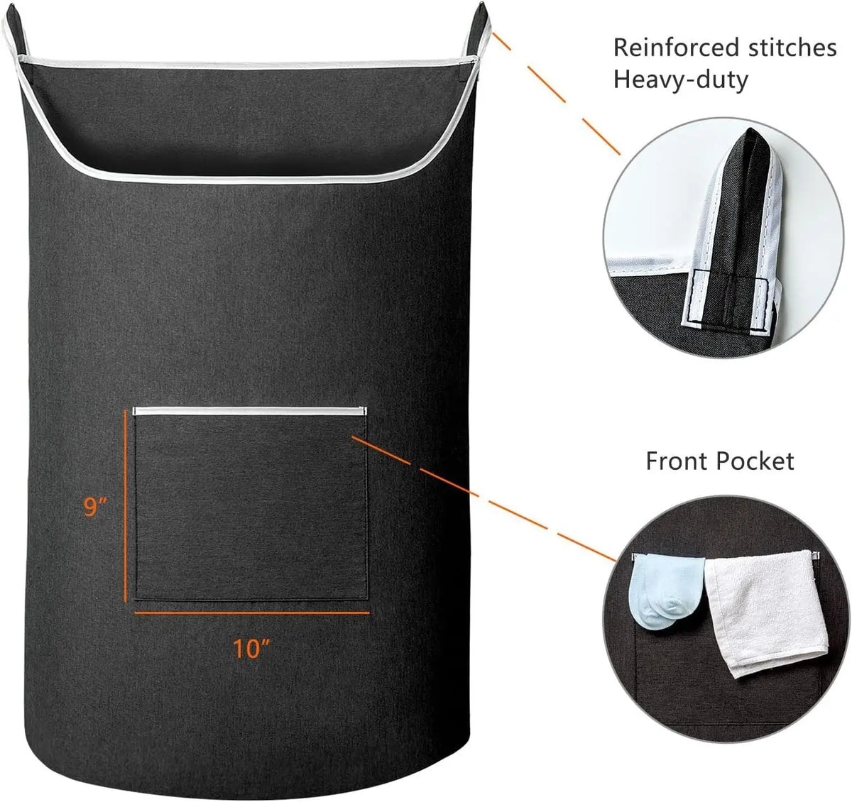 A black hanging laundry hamper with reinforced stitches, a front pocket, and dimensions marked.