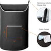 A black hanging laundry hamper with reinforced stitches, a front pocket, and dimensions marked 9 inches by 10 inches.