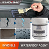 A hand applies an invisible waterproof agent to a tile surface, showing the product's transparent and sealing properties.