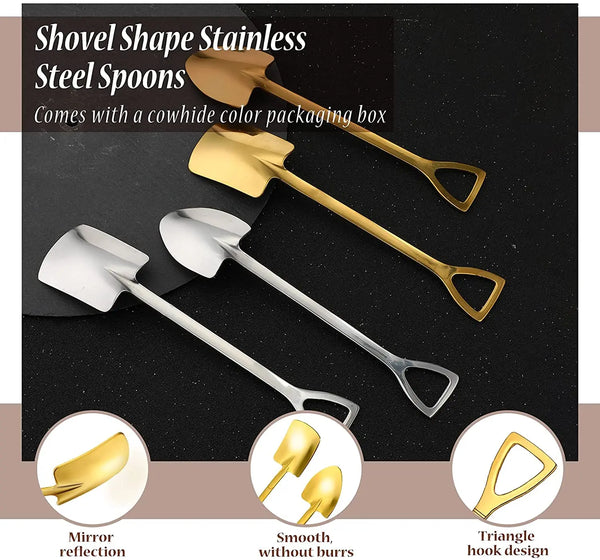 Three stainless steel spoons in gold and silver finishes with a cowhide packaging box.
