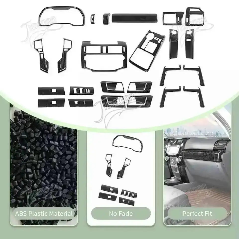 Carbon fiber trim kit for Toyota 4Runner showing various interior parts and ABS plastic material