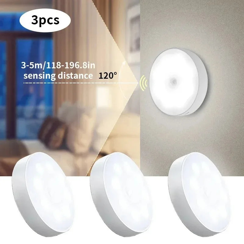 Three white motion sensor LED night lights shown with a sensing distance of 3-5m and a 120-degree angle
