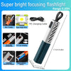 A white and blue rechargeable LED flashlight with a focus and concentrate feature, showing various components and usage conte