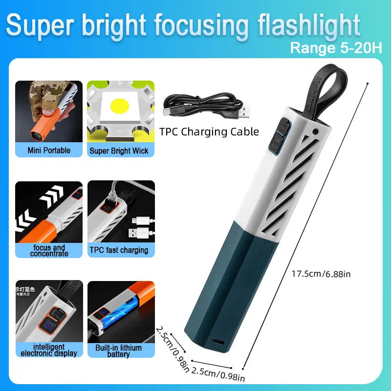 A white and blue rechargeable LED flashlight with a focus and concentrate feature, showing various components and usage conte