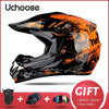 An orange and black Uchoose DOT-certified full-face off-road helmet shown with accessories like glasses, gloves, and a face m
