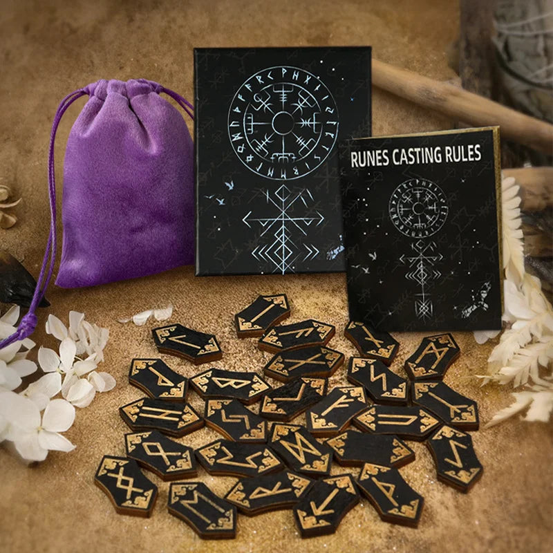 A set of wooden rune stones, a guide book, and a purple velvet bag for divination.