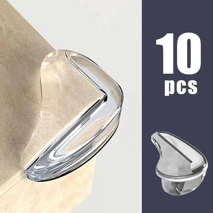 Ten clear silicone corner edge guards for baby safety shown against a beige background.