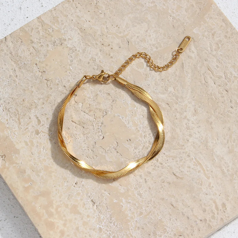 Gold-Plated Herringbone Chain Necklace & Bracelet Set
