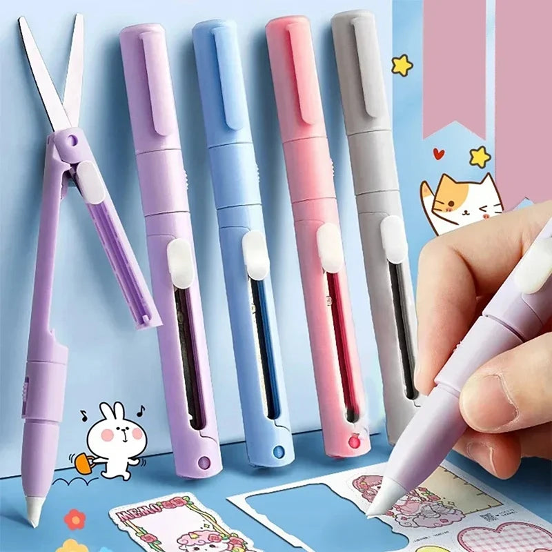 A collection of colorful folding pen-shaped safety scissors and a pink pen are shown on a light blue background.