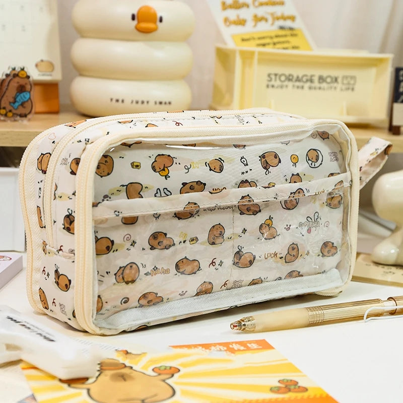 Transparent Double-Sided Pencil Case with Capybara Design
