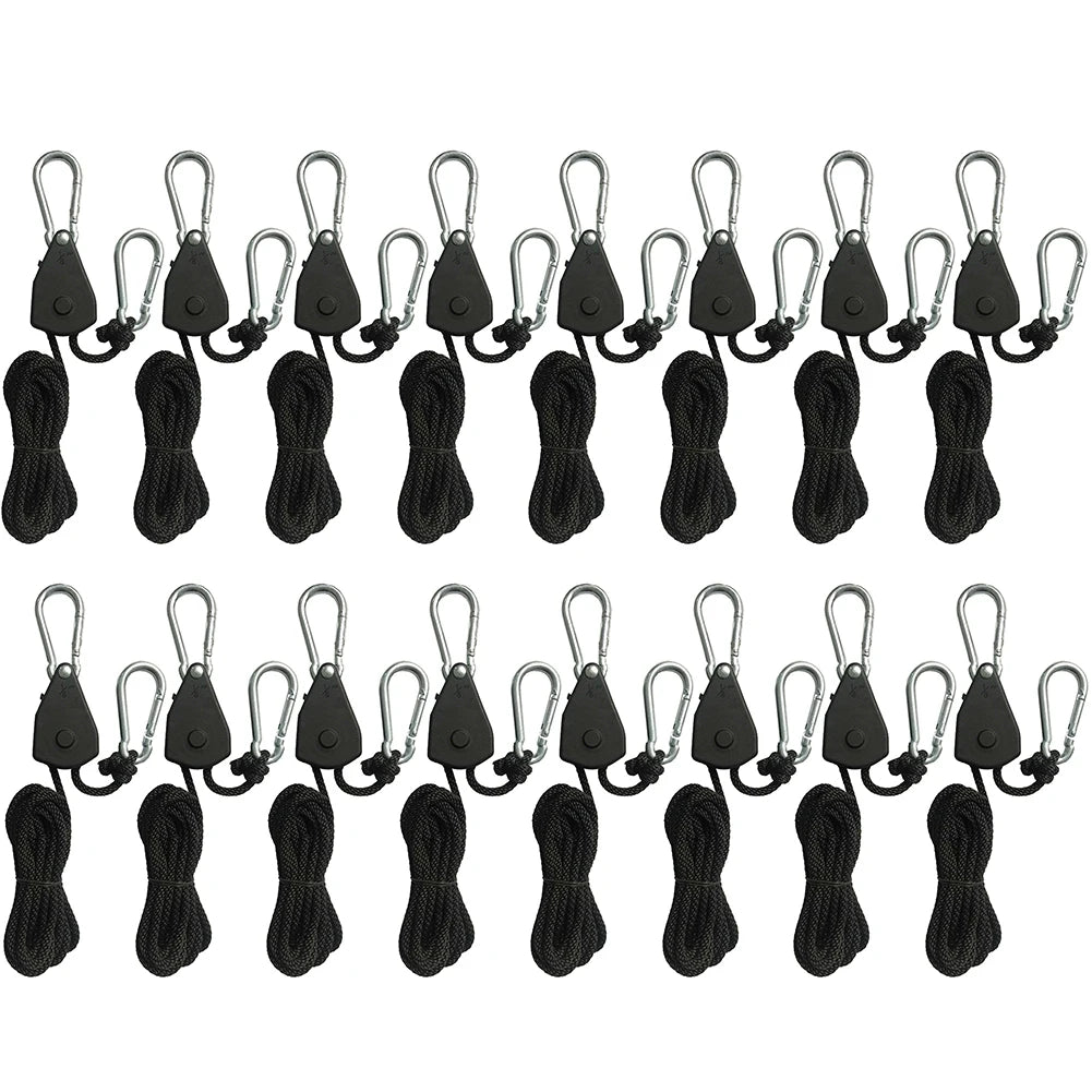 A set of twelve black rope tensioners with ratchet pulley hooks for camping tents.