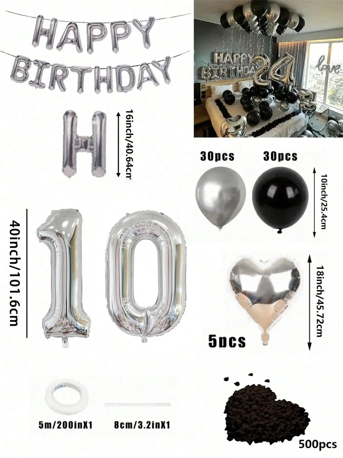 A kit for a balloon garland featuring silver and black foil numbers, including balloons and chocolate confetti.