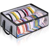 A rectangular storage box lined with fabric, holding numerous folded colorful hats.